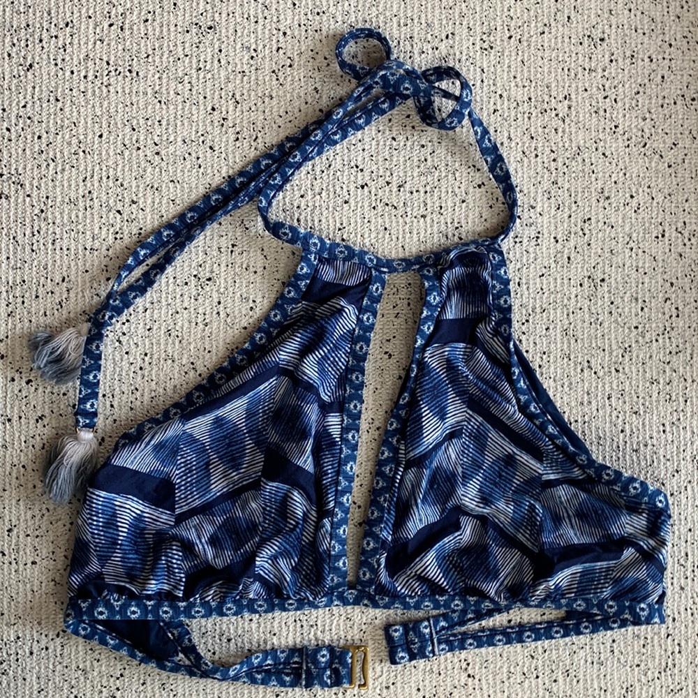 Lucky Brand Navy Batik Print Bikini Top with Tassels